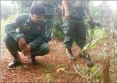  ?? FACEBOOK ?? Authoritie­s inspect a hand grenade found close to the Thai border in Battambang province yesterday.