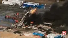  ?? Christina Goodvoice / KOTV / NewsOn6.com via AP ?? Fires burn on Monday at an eastern Oklahoma drilling rig owned by Houston-based Patterson-UTI Energy.