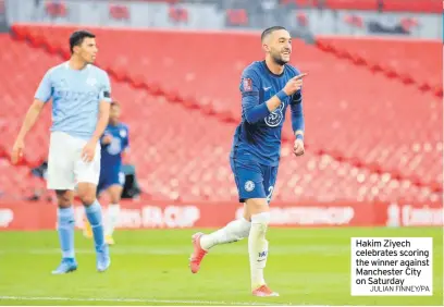  ?? JULIAN FINNEY/PA ?? Hakim Ziyech celebrates scoring the winner against Manchester City on Saturday