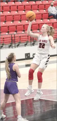  ?? Photograph by Russ Wilson ?? Senior Lady Blackhawk Blakelee Winn shoots a goal Tuesday, Feb. 23, in the contest against the Lady Bobcats.