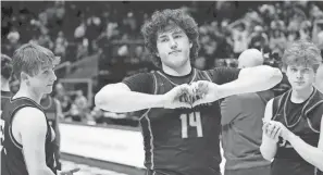  ?? COURTNEY HERGESHEIM­ER/COLUMBUS DISPATCH ?? Delaware Hayes’ Jake Lowman makes the sign of a heart to the fans after losing to Cleveland St. Ignatius on Saturday.