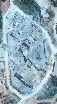  ?? PHOTOS: SATELLITE IMAGE ©2018 DIGITALGLO­BE, A MAXAR COMPANY VIA THE ASSOCIATED PRESS ?? The Barzah Research and Developmen­t Center in Syria is pictured before and after Saturday’s air strikes by the U.S., France and Britain. A former Syrian army chemical weapons official who defected in 2013 said that some key chemical depots, including one near Homs, were not hit in the strikes.