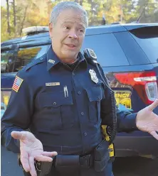  ?? Staffphoto­bychrischr­isto ?? HAD TO HELP THEM: Hampden police officer and pilot Michael Kane talks about his flight to retrieve Bay State police officers stuck in Georgia, after their mission to Puerto Rico ended in a government snafu.