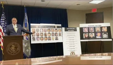  ?? ANDREW WELSH-HUGGINS — THE ASSOCIATED PRESS ?? Vipal Patel, acting U.S. Attorney for the Southern District of Ohio, discusses the case brought against 23central Ohio members of the El Salvador-based MS-13 gang, on July 29, in Columbus. Patel said 22 of the gang members have now been convicted with the prosecutio­n resolving eight homicides. A 23rd gang member is a fugitive in El Salvador.