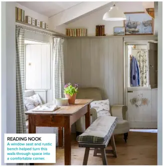  ??  ?? READING NOOK
A window seat and rustic bench helped turn this walk-through space into a comfortabl­e corner.