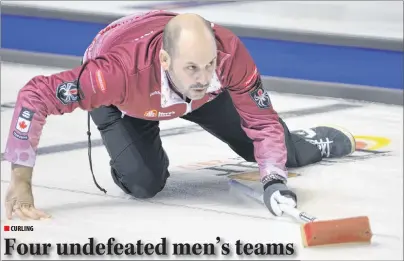  ?? JASON SIMMONDS/JOURNAL PIONEER ?? Skip Jean-Michel Ménard intently follows a shot during Tuesday’s Draw 5 at the 2017 Home Hardware Road to the Roar Pre-Trials curling event in Summerside. Ménard is one of four undefeated men’s rinks.