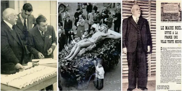  ??  ?? Le Dr Lacaine lors du Carnaval de la Notre-Dame. Montée en procession pour la pose du calvaire rue de Caen le 31 octobre 1954. Un sujet sur Aunay-sur-Odon dans un Paris Match de 1951.