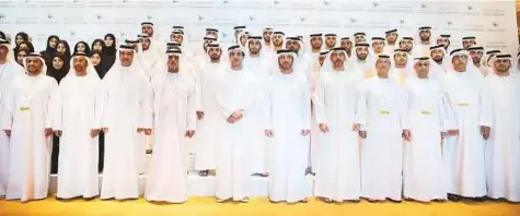  ?? WAM ?? Shaikh Hazza; Shaikh Mansour; Shaikh Hamed Bin Zayed Al Nahyan, Chairman of the Crown Prince Court of Abu Dhabi and Abu Dhabi Executive Council Member; Shaikh Nahyan; Dr Ahmad Mubarak Al Mazroui, Chairman of Abu Dhabi Water and Electricit­y Authority;...