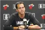  ?? John McCall / TNS ?? Miami Heat head coach Erik Spoelstra during a news conference on Jan. 27 in Miami. Spoelstra said he’s taking a different view than he does for typical preseason matchups. For the first time, he’s talking with the coaches of the teams the Heat will face to see if there are any specific situations those clubs want to work on in those games.