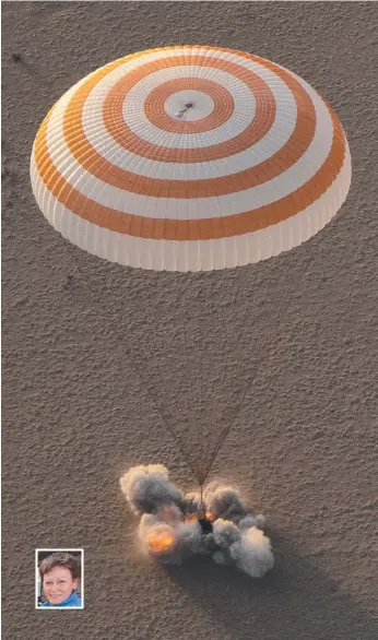 ?? Picture: NASA via AP ?? The Soyuz spacecraft lands in Kazakhstan with Peggy Whitson (inset) aboard.