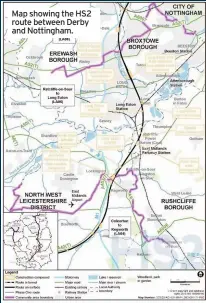  ??  ?? Map showing the HS2 route between Derby and Nottingham.