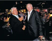  ?? TOM FOX/THE DALLAS MORNING NEWS VIA AP ?? Dallas Cowboys owner Jerry Jones, right, and his former coach Jimmy Johnson laugh Saturday during a celebratio­n of the 25th Anniversar­y of Super Bowl XXVII at Gilley’s in Dallas.