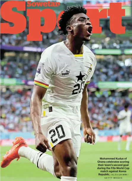  ?? /ALEX GRIMM / GETTY IMAGES ?? Mohammed Kudus of Ghana celebrates scoring their team’s second goal during the Fifa World Cup match against Korea Republic.