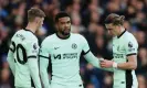  ?? Club/Chelsea FC/Getty Images ?? Watched by Cole Palmer, Reece James (centre) gives the captain’s armband to Conor Gallagher as he is substitute­d off after an injury during Chelsea’s match at Everton on 10 December. Photograph: Chelsea Football