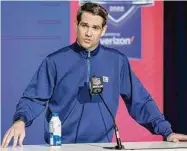  ?? Michael Hickey/TNS ?? New York Giants general manager Joe Schoen speaks to reporters during the NFL draft Combine at the Indiana Convention Center on March 1, 2022, in Indianapol­is.