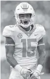  ??  ?? Tennessee defensive back Shawn Shamburger celebrates after tackling Alabama tight end Irv Smith Jr., and forcing a fumble near the end zone on Saturday.