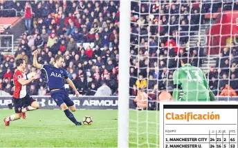  ??  ?? DELANTERO. Harry Kane dispara a arco en el juego contra Southampto­n.