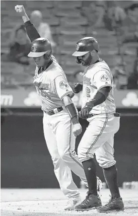  ?? MARK J. TERRILL/AP ?? Jonathan Villar, left, celebrates his two-run homer in the 16th with Pedro Severino.