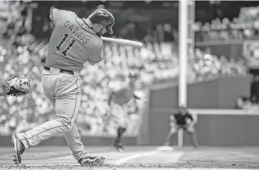  ?? Otto Greule Jr. / Getty Images ?? Designated hitter Evan Gattis got the Astros off to a good start in the first inning with a single off Mariners starter J.A. Happ to drive in his team-leading 41st run of the season.