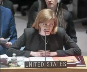 ??  ?? U.S. Ambassador to the United Nations Samantha Power speaks after a U.N. Security Council vote on the Syria humanitari­an crisis at the U.N. headquarte­rs on Saturday. The council united for the first time on the resolution demanding that President...