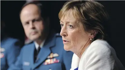  ?? ADRIAN WYLD/ THE CANADIAN PRESS ?? Marie Deschamps, a former Supreme Court justice and author of an inquiry into sexual misconduct in the Canadian Forces, speaks at a news conference Thursday in Ottawa, as Gen. Tom Lawson, Chief of the Defence Staff, looks on.