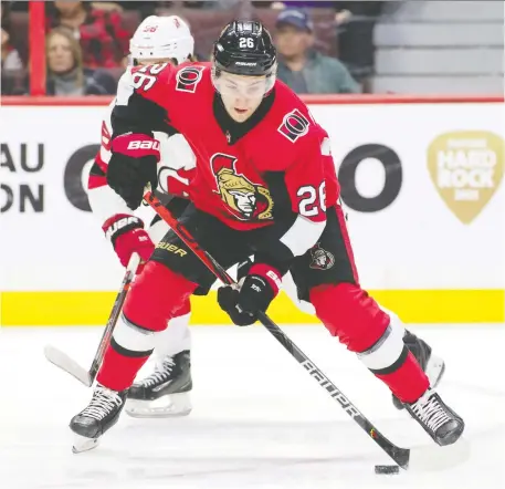  ?? MARC DESROSIERS/ USA TODAY SPORTS FILES ?? Ottawa Senators defenceman Erik Brannstrom has been playing in Switzerlan­d. While COVID-19 rages on, Brannstrom has been working with a personal trainer to build muscle, and says he's made an effort to not over-handle the puck, or overthink the game.