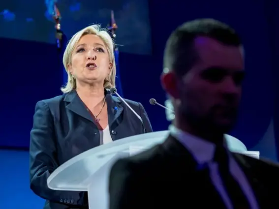  ??  ?? A triumphant Marine Le Pen addresses her supporters in northern France last night (Getty)