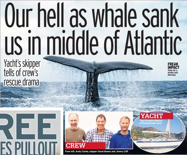  ??  ?? FREAK IMPACT Ship hit a whale last Monday From left, Andy Clarke, skipper David Bowes and Jimmy Cliff CREW YACHT The 15-metre Destiny of Scarboroug­h sank