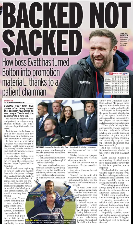  ??  ?? PATIENT Sharon Brittan stuck by Evatt despite difficult start to season
BIG SPLASH Bolton are a far cry from the days Allardyce and legend Jay-Jay Okocha were winning Prem awards
SMILES BETTER Evatt has overseen a change of fortunes at Bolton
P WD L F A Gd Pts Cambridge 39 21 7 11 59 36 23 70 Cheltenham 38 20 8 10 52 34 18 68 Bolton 38 18 10 10 48 43 5 64 Tranmere 38 18 9 11 51 46 5 63 Forest Green 38 17 11 10 50 42 8 62 Morecambe 38 18 8 12 53 51 2 62 Newport Co 37 16 9 12 47 39 8 57