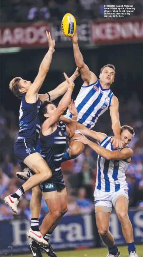  ??  ?? STRENGTH: Hamish McIntosh towers above a pack of Geelong players, whom he will now call teammates after yesterday crossing to the Cats.