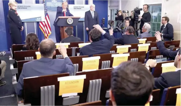  ?? Associated Press ?? ↑
Donald Trump speaks about coronaviru­s in the James Brady Press Briefing Room of the White House on Tuesday.