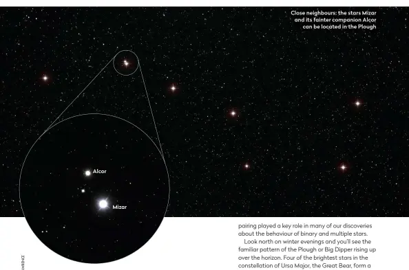  ??  ?? Close neighbours: the stars Mizar and its fainter companion Alcor can be located in the Plough