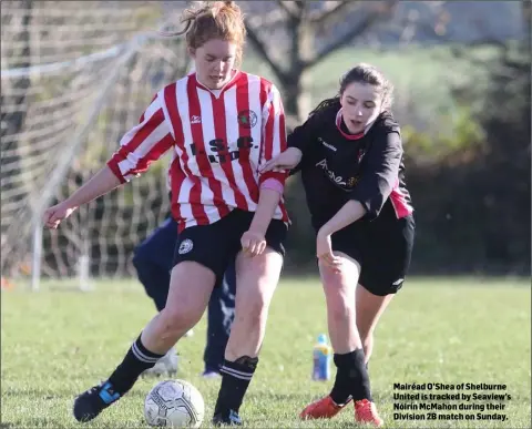  ??  ?? Mairéad O’Shea of Shelburne United is tracked by Seaview’s Nóirín McMahon during their Division 2B match on Sunday.