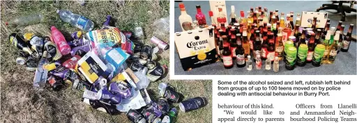  ??  ?? Some of the alcohol seized and left, rubbish left behind from groups of up to 100 teens moved on by police dealing with antisocial behaviour in Burry Port.