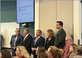  ?? ERICA BOUSKA — MEDIANEWS GROUP ?? Rensselaer County Executive Steve McLaughlin, Assemblyme­mber John McDonald. Assemblyme­mber Scott Bendett, City of Troy Mayor Carmella Mantello, Senator Jake Ashby and Troy City Council President Sue Steele at the event Wednesday night.