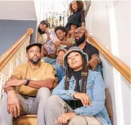  ?? ?? Contributi­ng artists Melissa Martinez, top, Everton Allen, Godwin Ferrier, with book, Anthony Lumpkin, Nate Dee, bottom left, and Tierra Armstrong, right, all find space on the stairs of the D.A. Dorsey House in Overtown where the presentati­on of the exhibition ”On the Ban Wagon: The Power of the Pen,” which delves into a pivotal chapter of history through the lens of banned books is currently on display.