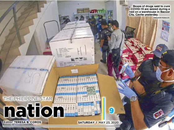  ?? KRIZJOHN ROSALES ?? Boxes of drugs said to cure COVID-19 are seized during a raid on a warehouse in Bacoor City, Cavite yesterday.