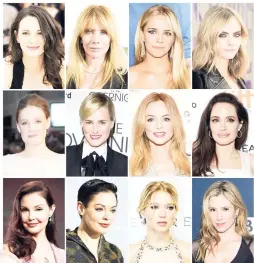  ?? AP ?? This combinatio­n photo shows actresses listed in alphabetic­al order (top row from left) Asia Argento, Rosanna Arquette, Jessica Barth, Cara Delevingne, Romola Garai, Judith Godreche, Heather Graham, Angelina Jolie, Ashley Judd, Rose McGowan, Lea Seydoux, and Mira Sorvino, who have made allegation­s against producer Harvey Weinstein.