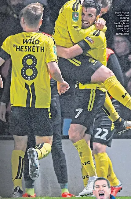  ??  ?? Scott Fraser celebrates scoring against Nottingham Forest with fellow ScotDavid Templeton