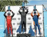  ?? ?? Kiwi driver Scott McLaughlin, left and above centre, with Will Power and compatriot Scott Dixon, right, after winning the Portland IndyCar race last weekend.