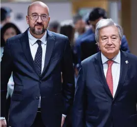  ?? AFP / SAMEER AL-DOUMY ?? Ratspräsid­ent Charles Michel und UN-Generalsek­retär António Guterres beim Gipfel in Brüssel