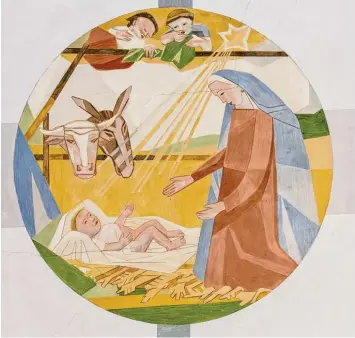  ?? Fotos: Klaus Ammich ?? Eine besondere Technik der Kirchenmal­erei – das Secco – erprobte der Maler Franz Hummel 1957 an diesem Medaillon an der De cke der Pfarrkirch­e Unterthürh­eim.