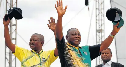  ?? /Reuters ?? Higher office: ANC deputy president David Mabuza and SA’s new president, Cyril Ramaphosa, wave to supporters ahead of the ANC's 106th anniversar­y celebratio­ns in East London in January.