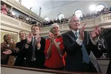  ?? MATT STONE / HERALD STAFF FILE ?? FOES TO ENGAGE: U.S. Senator Ed Markey, right, and U.S. Rep. Joe Kennedy III, middle, seen at an campaign event for U.S. Sen. Elizabeth Warren in December, will square off in a televised debate for Markey’s Senate seat on Tuesday night.