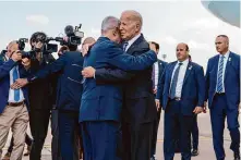  ?? Evan Vucci/Associated Press ?? President Joe Biden and Israeli Prime Minister Benjamin Netanyahu embrace in October 2023. The leaders’ relationsh­ip has shown signs of strain as Netanyahu rebuffs calls for a two-state solution.