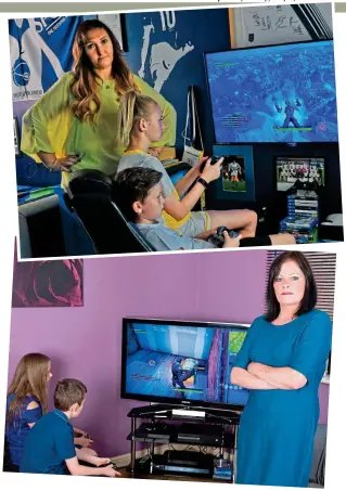  ??  ?? Worried: Roz (top) with her daughter Sophie and son Matthew playing Fortnite. Above: Zoe with her son Jacob and daughter Layla