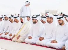  ?? WAM ?? Sharjah: Dr Shaikh Sultan offers prayers at Al Badea Musallah. Shaikh Abdullah Bin Salem Bin Sultan Al Qasimi also offered prayers alongside shaikhs and officials.