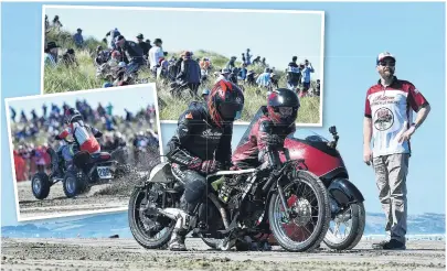  ?? PHOTOS: GREGOR RICHARDSON ?? Racer’s legacy . . . Enjoying the sun and the action at the Burt Munro Challenge Indian Motorcycle NZ Beach Racing Champs at Oreti Beach were (from left) Mark Willis, from Southland, on his ATV, spectators in the sand dunes, and Tony Rees (left), from Whakatane, Lee Munro, from Christchur­ch and and Gary Gray (right) from Indian Motorcycle­s USA lining up on the beach for a demonstrat­ion run.