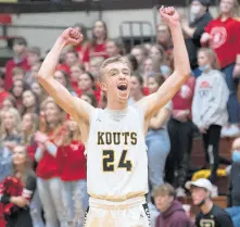  ?? MICHAEL GARD / ?? Kouts’ Hunter Kneifel celebrates after winning the Class 1A semistate game against Southwood.
POST-TRIBUNE