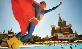  ?? Photograph: Reiner Riedler/Anzenberge­r ?? ‘It represents US power rising above the Russian empire’ … the caped entertaine­r jumps perfectly.
